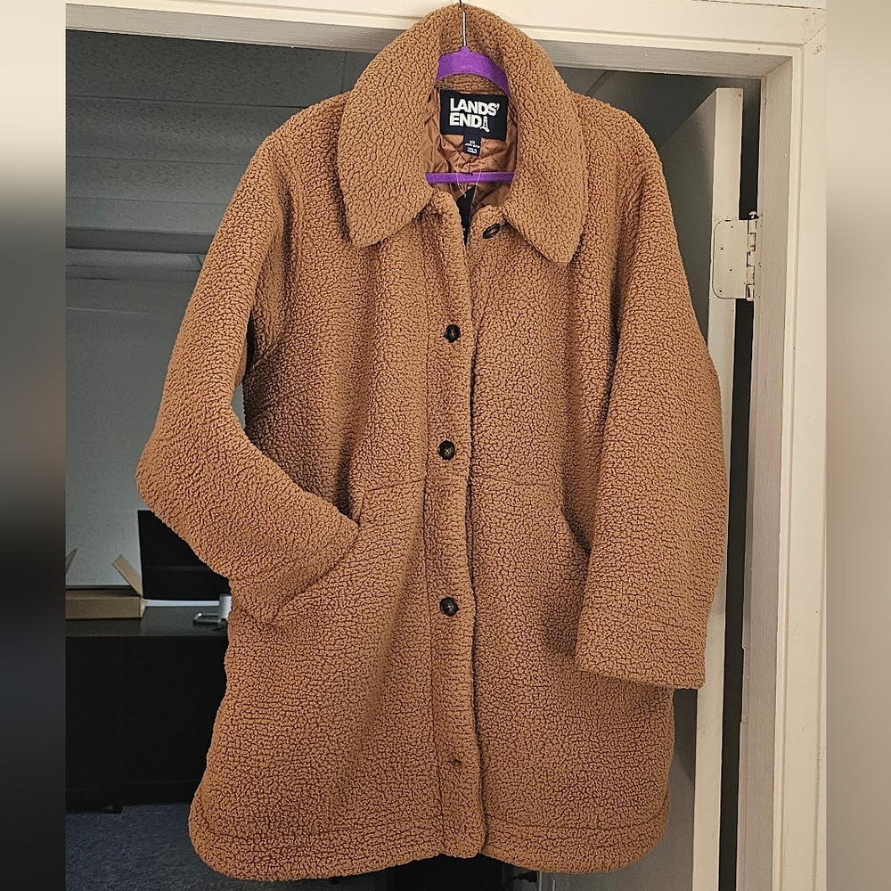 Lands' End Cozy Sherpa Teddy Bear Coat Plus Caramel Brown Size 2X 20W-22W New - Picture 9 of 11